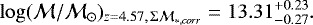 \begin{equation*} \log(\mathcal{M}/\mathcal{M}_{\odot})_{z=4.57, \, \mathrm{\Sigma}\mathcal{M}_{\ast, corr}} = 13.31^{+0.23}_{-0.27}.\end{equation*}