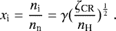 \begin{equation*} x_{\textrm{i}}=\frac{n_{\textrm{i}}}{n_{\textrm{n}}}=\gamma \big(\frac{\zeta_{\textrm{CR}}}{n_{\textrm{H}}}\big)^{\frac{1}{2}}\ . \end{equation*}