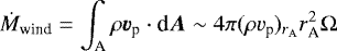 \begin{equation*}\dot{M}_{\textrm{wind}}=\int_{\textrm{A}}\rho \vec{v_{\textrm{p}}} \cdot {\textrm{d}}\vec{A} \sim 4\pi (\rho v_{\textrm{p}})_{r_{\textrm{A}}}r_{\textrm{A}}^2 \mathrm{\Omega} \end{equation*}