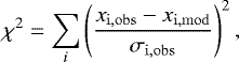 Mathematical equation: \begin{equation*}\chi^2 = \sum\limits_{i} \left( \frac{x_{\mathrm{i,obs}} - x_{\mathrm{i,mod}}}{\sigma_{\mathrm{i,obs}}} \right)^2 ,\vspace*{-4pt} \end{equation*}