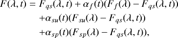 Mathematical equation: \begin{eqnarray*} F(\lambda,t)& = &F_{qs}(\lambda,t) +\alpha_f(t)(F_f(\lambda)- F_{qs}(\lambda,t))\nonumber\\ && + \alpha_{su}(t)(F_{su}(\lambda) - F_{qs}(\lambda,t))\\ && +\alpha_{sp}(t)(F_{sp}(\lambda)- F_{qs}(\lambda,t)), \nonumber\end{eqnarray*}