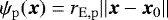 \begin{equation*} \psi_{\mathrm{p}}(\boldsymbol{x}) = r_{\mathrm{E,p}} || \boldsymbol{x} - \boldsymbol{x}_0 || \; \end{equation*}