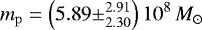 \begin{equation*} m_{\mathrm{p}} = \left( 5.89 \pm ^{2.91}_{2.30} \right) 10^8\,M_{\odot}\end{equation*}