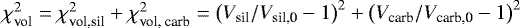 $\chi_{\textrm{vol}}^2=\chi_{\textrm{vol,sil}}^{2}+\chi_{\textrm{vol, carb}}^{2}=\left(V_{\textrm{sil}}/V_{\textrm{sil,0}}-1\right)^{2}+\left(V_{\textrm{carb}}/V_{\textrm{carb,0}}-1\right)^{2}$