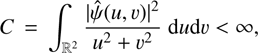 $$ C=\int_{R^2}\frac{{\vert\widehat\psi{(u,\upsilon)}\vert}^2}{u^2+\upsilon^2}\mathrm du\mathrm d\upsilon<\infty, $$