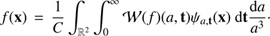 $$ f{(\mathbf x)}=\frac1C\int_{R^2}\int_0^\infty \cal{W}{(f)}{(a,\mathbf t)}\psi_{a,\mathbf t}{(\mathbf x)}\mathrm d\mathbf t\frac{\mathrm da}{a^3}. $$
