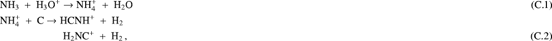 Mathematical equation: \begin{align}& \textrm{NH}_3 \ +\ {\textrm{H}}_3\textrm{O}^+ \to {\textrm{NH}}_4^+ \ +\ {\textrm{H}}_2\textrm{O}\,\\& \textrm{NH}_4^+ \ +\ {\textrm{C}} \to {\textrm{HCNH}}^+ \ +\ {\textrm{H}}_2 \nonumber \\& \quad\quad\quad\quad\quad\quad {\textrm{H}}_2\textrm{NC}^+ \ +\ {\textrm{H}}_2\,,\end{align}