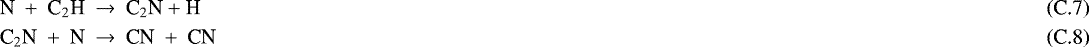 Mathematical equation: \begin{align}\textrm{N} \ +\ {\textrm{C}}_2\textrm{H} \ \to\ &\ {\textrm{C}}_2\textrm{N} + \textrm{H}\,\\ \textrm{C}_2\textrm{N} \ +\ {\textrm{N}} \ \to\ &\ {\textrm{CN}} \ +\ {\textrm{CN}}\,\end{align}