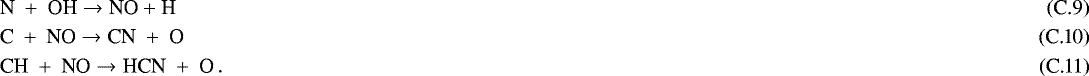 Mathematical equation: \begin{align}&\textrm{N} \ +\ {\textrm{OH}} \to {\textrm{NO}} + \textrm{H}\,\\ &\textrm{C} \ +\ {\textrm{NO}} \to {\textrm{CN}} \ +\ {\textrm{O}}\,\\ &\textrm{CH} \ +\ {\textrm{NO}} \to {\textrm{HCN}} \ +\ {\textrm{O}}\,.\end{align}