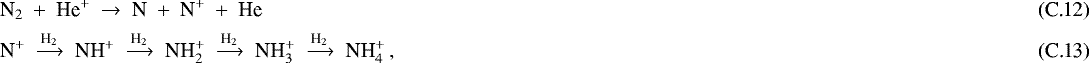 Mathematical equation: \begin{align}&\textrm{N}_2 \ +\ {\textrm{He}}^+ \ \to\ {\textrm{N}} \ +\ {\textrm{N}}^+ \ +\ {\textrm{He}}\,\\ &\textrm{N}^+\ \xrightarrow{\textrm{H}_2}\ \textrm{NH}^+\ \xrightarrow{\textrm{H}_2}\ \textrm{NH}_2^+\ \xrightarrow{\textrm{H}_2}\ \textrm{NH}_3^+\ \xrightarrow{\textrm{H}_2}\ \textrm{NH}_4^+\,,\end{align}