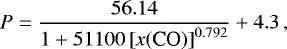 Mathematical equation: \begin{equation*} P = \frac{56.14}{1 + 51100 \left[x(\textrm{CO})\right]^{0.792}} + 4.3\,, \end{equation*}