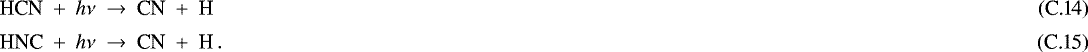 Mathematical equation: \begin{align}\textrm{HCN} \ +\ h\nu \ \to\ &\ {\textrm{CN}} \ +\ {\textrm{H}}\,\\[2pt] \textrm{HNC} \ +\ h\nu \ \to\ &\ {\textrm{CN}} \ +\ {\textrm{H}}\,.\end{align}
