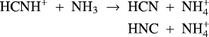 Mathematical equation: \begin{align*} \textrm{HCNH}^+ \ +\ {\textrm{NH}}_3 \ \to\ &\ {\textrm{HCN}} \ +\ {\textrm{NH}}_4^+ \nonumber \\ &\ \textrm{HNC} \ +\ {\textrm{NH}}_4^+\end{align*}