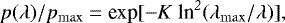 \begin{equation*} p(\lambda)/p_{\rm{max}}=\textrm{exp}[-\it{K}~\textrm{ln}^2(\lambda_{\rm{max}}/\lambda)] ,\end{equation*}