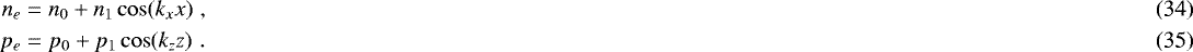 \begin{align}n_e&=n_0+n_1\cos(k_xx) \hspace{3pt},\\p_e&=p_0+p_1\cos(k_zz) \hspace{3pt}. \end{align}