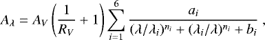 Mathematical equation: \begin{equation*} A_{\lambda} = A_V \left(\frac{1}{R_V} + 1\right) \sum_{i=1}^{6} \frac{a_i}{(\lambda/\lambda_i)^{n_i}+(\lambda_i/\lambda)^{n_i}+b_i}~, \end{equation*}