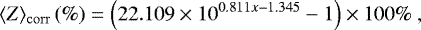 Mathematical equation: \begin{equation*} \langle Z \rangle_{\mathrm{corr}}\,(\%) = \left(22.109\times 10^{0.811x-1.345} - 1\right) \times 100\% ~, \end{equation*}
