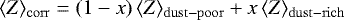 Mathematical equation: $\langle Z \rangle_{\mathrm{corr}} = (1-x)\,\langle Z \rangle_{\mathrm{dust-poor}} + x\,\langle Z \rangle_{\mathrm{dust-rich}}$
