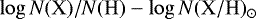 Mathematical equation: $\log N(\mathrm{X})/N(\mathrm{H}) - \log N(\mathrm{X}/\mathrm{H})_{\odot}$