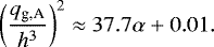 \begin{equation*} \left(\frac{q_{\textrm{g,A}}}{h^{3}}\right)^2 \approx 37.7\alpha+0.01.\end{equation*}