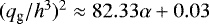 $(q_{\textrm{g}} / {h^3} )^2 \approx 82.33 \alpha + 0.03$
