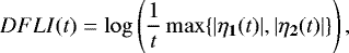 \begin{equation*} DFLI(t)=\mathrm{log} \left (\frac{1}{t}\max\{|\mathbf{\eta_1}(t)|,|\mathbf{\eta_2}(t)|\} \right ), \end{equation*}