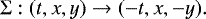 \begin{equation*} \mathrm{\Sigma}: (t,x,y) \rightarrow (-t,x,-y).\end{equation*}