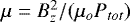 $\mu = B_z^2/(\mu_o P_{tot})$