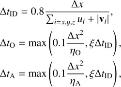 Mathematical equation: $$ \begin{array} \mathrm\Delta t_{\mathrm{ID}} = 0.8 \frac{\mathrm\Delta x}{\sum_{i=x,y,z} u_{i} + |\mathbf{v}_{i}|},\nonumber\\ \mathrm\Delta t_{\mathrm{O}} = \text{max}\left(0.1 \frac{\mathrm\Delta x^{2}}{\eta_{\mathrm{O}}},\xi\mathrm\Delta t_{\mathrm{ID}} \right),\label{equ:MHDtimesteps}\\ \mathrm\Delta t_{\mathrm{A}} = \text{max}\left(0.1 \frac{\mathrm\Delta x^{2}}{\eta_{\mathrm{A}}},\xi\mathrm\Delta t_{\mathrm{ID}} \right)\nonumber, \end{array} $$