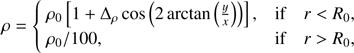 Mathematical equation: $$ \rho =\left\{ \begin{matrix} {{\rho }_{0}}[1+{{\Delta }_{\rho }}\cos (2\arctan (\frac{y}{x}))], & \text{if} & r<{{R}_{0}}, \\ {{\rho }_{0}}/100 & \text{if} & r>{{R}_{0}}, \\ \end{matrix} \right. $$