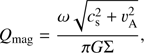 Mathematical equation: $$ Q_\mathrm{mag}=\frac{\omega\sqrt{c_\mathrm S^2v_\mathrm A^2}}{\pi G\mathrm\Sigma}, $$