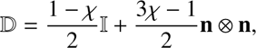 Mathematical equation: $$ \mathrm{\mathbb{D}}=\frac{1-\chi}2\mathrm{\mathbb{I}}+\frac{3\chi-1}2\mathbf n\otimes\mathbf n, $$