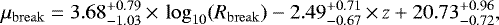 \begin{equation*}\ensuremath{\mu_{\mathrm{break}}} = 3.68^{&#x002B;0.79}_{-1.03}\,{\times}\,\log_{10}(\ensuremath{R_{\mathrm{break }}}) - 2.49^{&#x002B;0.71}_{-0.67}\,{\times}\, z &#x002B; 20.73^{&#x002B;0.96}_{-0.72}, \end{equation*}