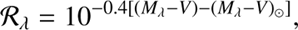 Mathematical equation: $$ {\mathcal R}_\lambda=10^{-0.4[{(M_\lambda-V)}-{(M_\lambda-V)}_\odot]}, $$