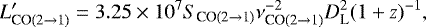 \begin{equation*} L'_{\textrm{CO}(2\to1)}=3.25\times 10^7 S_{\text{CO(2$\to$1)}} \nu^{-2}_{\text{CO(2$\to$1)}}D^2_{\text{L}}(1+z)^{-1},\end{equation*}