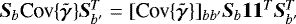 Mathematical equation: ${\bm{S}}_b {\textrm{Cov}\{{{\bm{\tilde{\gamma}}}}\}} {\bm{S}}_{b'}^T=[{\textrm{Cov}\{{{\bm{\tilde{\gamma}}}}\}}]_{bb'} {\bm{S}}_b \bm{1} \bm{1}^T {\bm{S}}_{b'}^T$