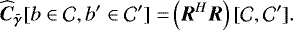 Mathematical equation: \begin{align*} {\widehat{\bm{C}}_{{\bm{\tilde{\gamma}}}}}[b\in\mathcal{C},b'\in\mathcal{C}'] =& \left(\bm{R}^H \bm{R}\right)[\mathcal{C},\mathcal{C}']. \vspace*{-2pt}\end{align*}