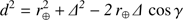 Mathematical equation: $$ d^2=r_\oplus^2+\varDelta^2-2r_\oplus\varDelta\;\cos\gamma $$