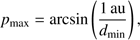 Mathematical equation: $$ p_\max=\arcsin{(\frac{1\;\mathrm{au}}{d_\min})}, $$