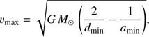 Mathematical equation: $$ \upsilon_\max=\sqrt{GM_\odot{(\frac2{d_\min}-\frac1{a_\min})}}, $$