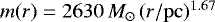 $m(r) = 2630 \, \ensuremath{M_{\odot}} \, (r/{\mathrm{pc}})^{1.67}$