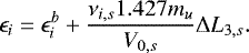 Mathematical equation: \begin{equation*} \epsilon_i = \epsilon_i^b + \frac{\nu_{i,s} 1.427 m_u}{V_{0,s}}\mathrm\Delta L_{3,s}. \end{equation*}
