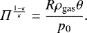 Mathematical equation: \begin{equation*} \Pi ^{\frac{1-\kappa}{\kappa}} = \frac{R\rho_{\textrm{gas}} \theta}{p_0}. \end{equation*}