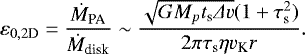 \begin{equation*} \varepsilon_{0,2\textrm{D}} = \frac{\dot M_{\textrm{PA}}}{\dot M_{\textrm{disk}}} \sim \frac{ \sqrt{GM_p t_{\textrm{s}} {{\Delta}} v} (1 &#x002B; \tau_{\textrm{s}}^2) }{2 \pi \tau_{\textrm{s}} \eta v_{\textrm{K}} r }.\end{equation*}