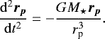\begin{equation*} \frac{\mathrm{d}^2 \bm{r}_{\bm{p} }}{\mathrm{d} t^2} = - \frac{ GM_{\star} \bm{r}_{\bm{p}} }{r_{\textrm{p}}^3}.\end{equation*}