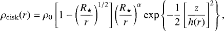 Mathematical equation: \begin{equation*} \rho_{\rm{disk}}(r) = \rho_0 \left[ 1 - \left( \frac{R_{\star}}{r} \right)^{1/2} \right] \left( \frac{R_{\star}}{r} \right)^{\alpha} \exp \left\lbrace - \frac{1}{2} \left[ \frac{z}{h(r)} \right]^2 \right\rbrace, \end{equation*}