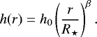 Mathematical equation: \begin{equation*} h(r) = h_0 \left( \frac{r}{R_{\star}} \right)^{\beta}. \end{equation*}