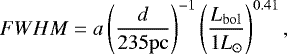 Mathematical equation: \begin{equation*} {FWHM} = a \left( \frac{d}{235\mathrm{pc}} \right)^{-1} \left( \frac{L_{\mathrm{bol}}}{1 L_{\odot}} \right)^{0.41}, \end{equation*}