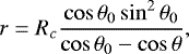 Mathematical equation: \begin{equation*} r = R_c \frac{\cos\theta_0\sin^2\theta_0}{\cos\theta_0 - \cos\theta}, \end{equation*}