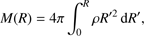 Mathematical equation: $$ M{(R)}=4\pi\int_0^R\rho R'^2\mathrm dR', $$